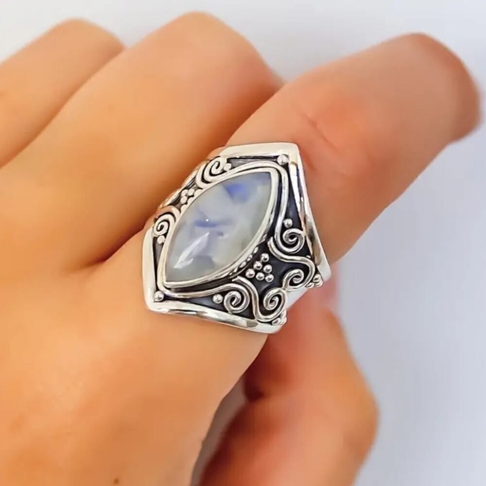 Vintage Style Silvery Big White Stone Ring Fashion Bohemian Boho Jewelry Size 9